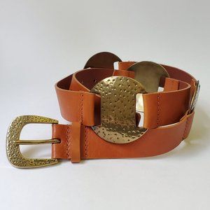 Michael Kors Hammered Brass Tone Brown Leather Belt